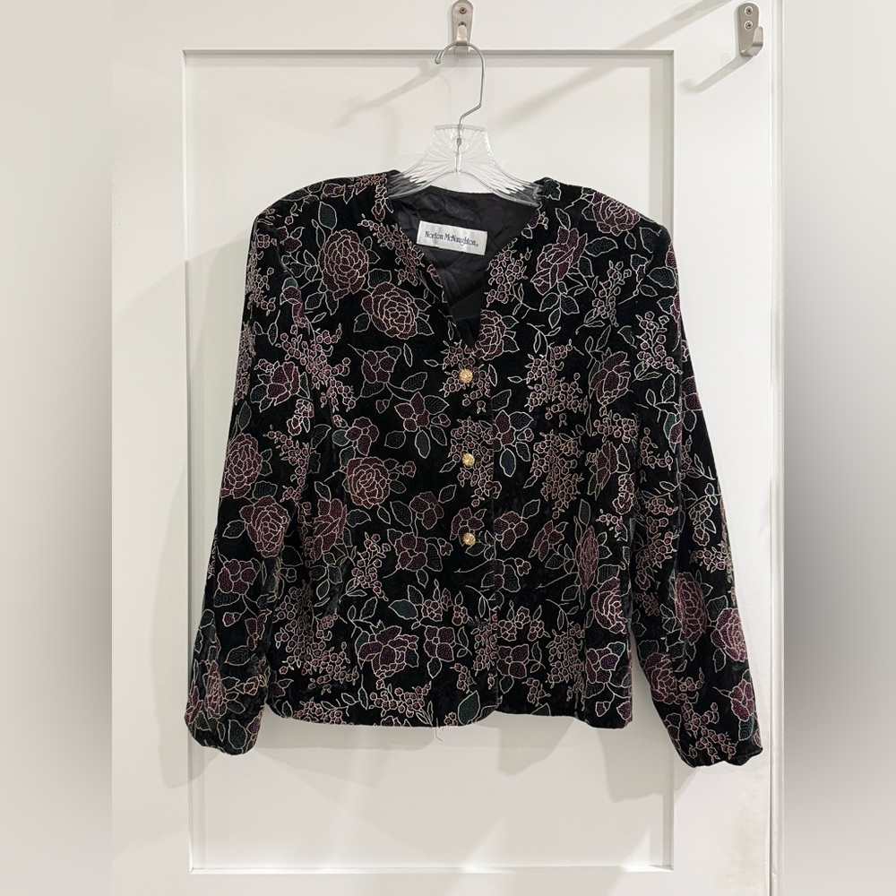 VTG Norton McNaughton velour floral jacket w/ shoulder pads (missing a button)